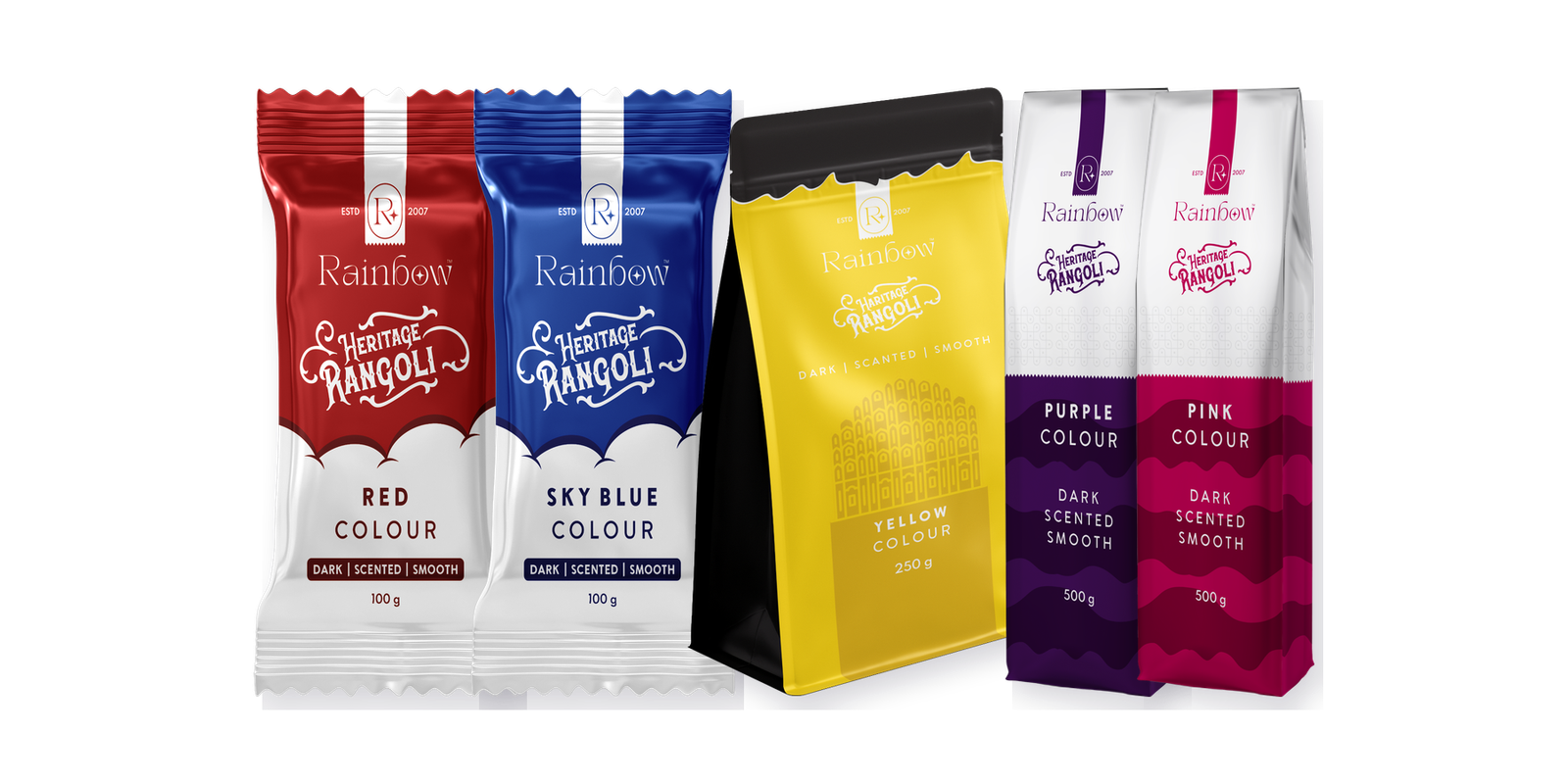 Rainbow Colours Rangoli colour pouch - 100g, 250g and 500g